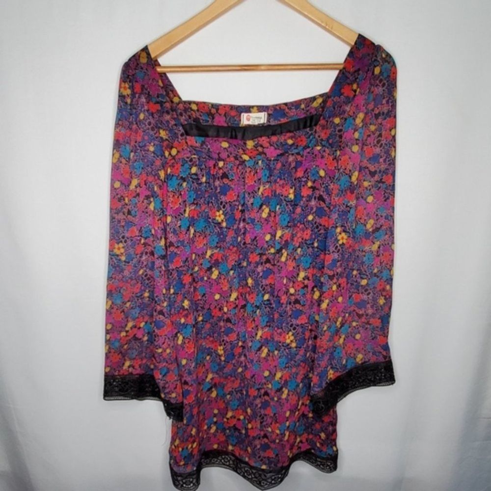 Olsenboye Sheer Floral Lace Trim Long Sleeve Mini Shift Dress Multicolor S